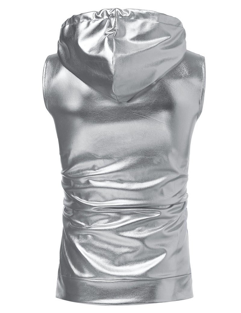 ZEROYAA Mens Hipster Metallic Zip Up Sleeveless Hooded Vest T Shirt with Kangaroo Pocket Z86 Silver Large - Image 2